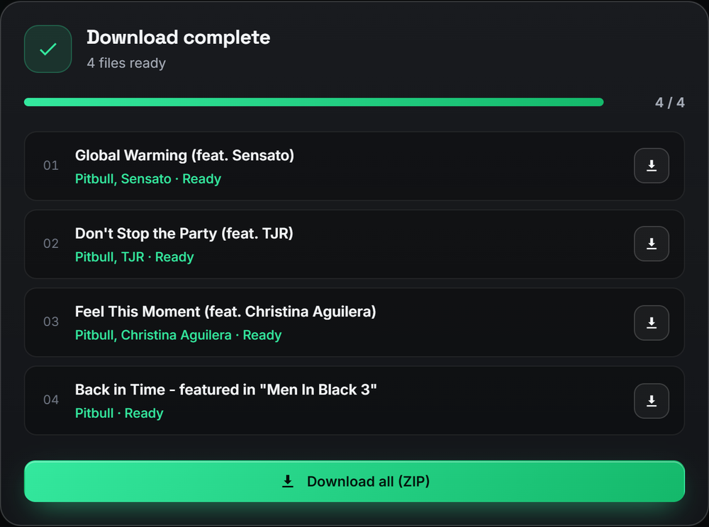 Download complete with per-track save buttons and Download all as ZIP