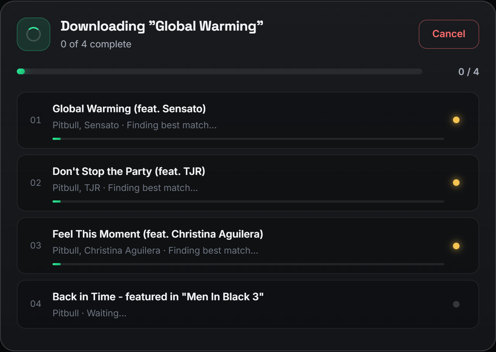 Live per-track download progress with a cancel button