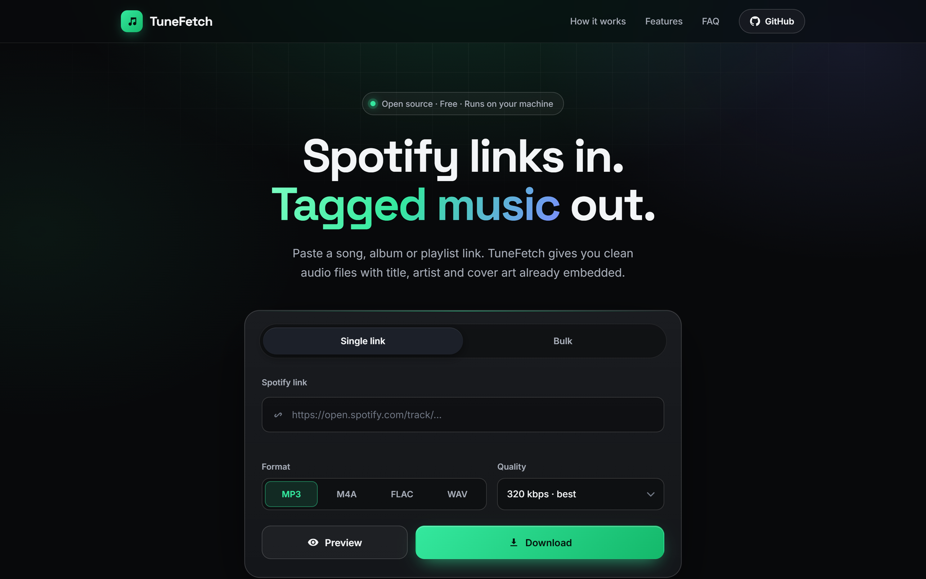 TuneFetch home screen: paste a Spotify link, choose MP3, M4A, FLAC or WAV, and download
