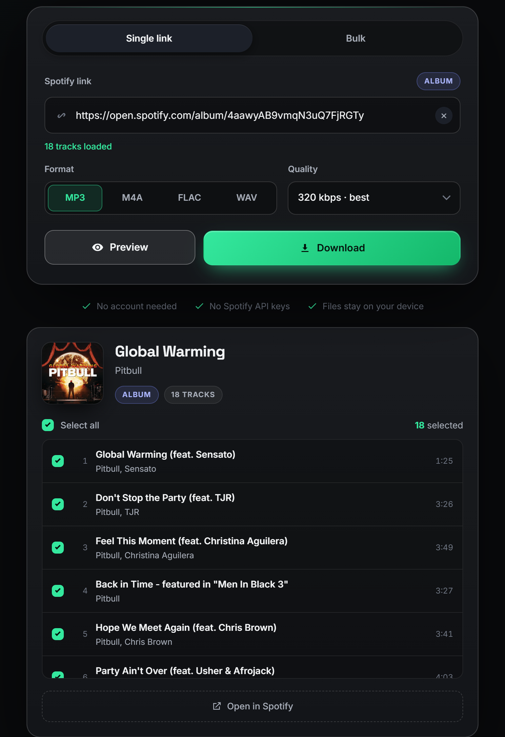 Preview a Spotify album and choose which tracks to download