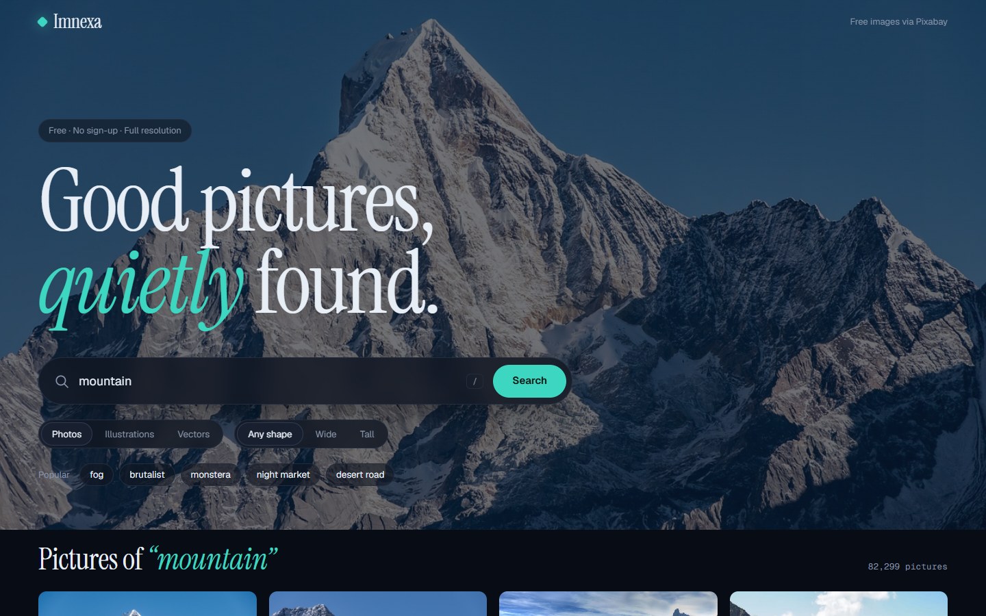 Imnexa home screen: a search bar over a dimmed mountain photo with Photos, Illustrations and Vectors filters