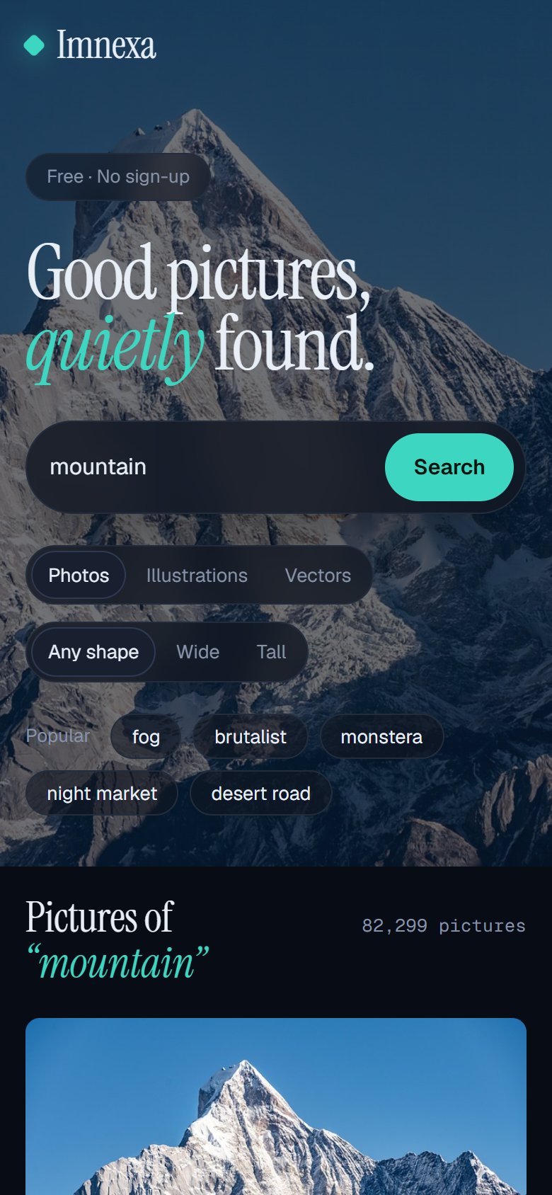 Imnexa on a phone: stacked search bar, filters and a single column of results