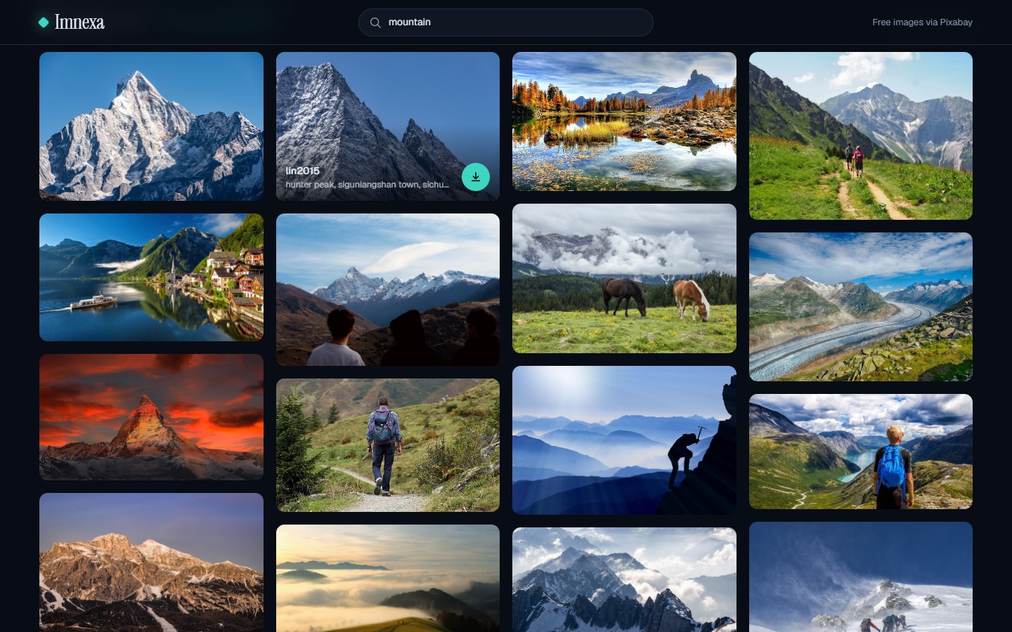 Imnexa results: a four-column masonry grid of mountain photos with a hover overlay and download button